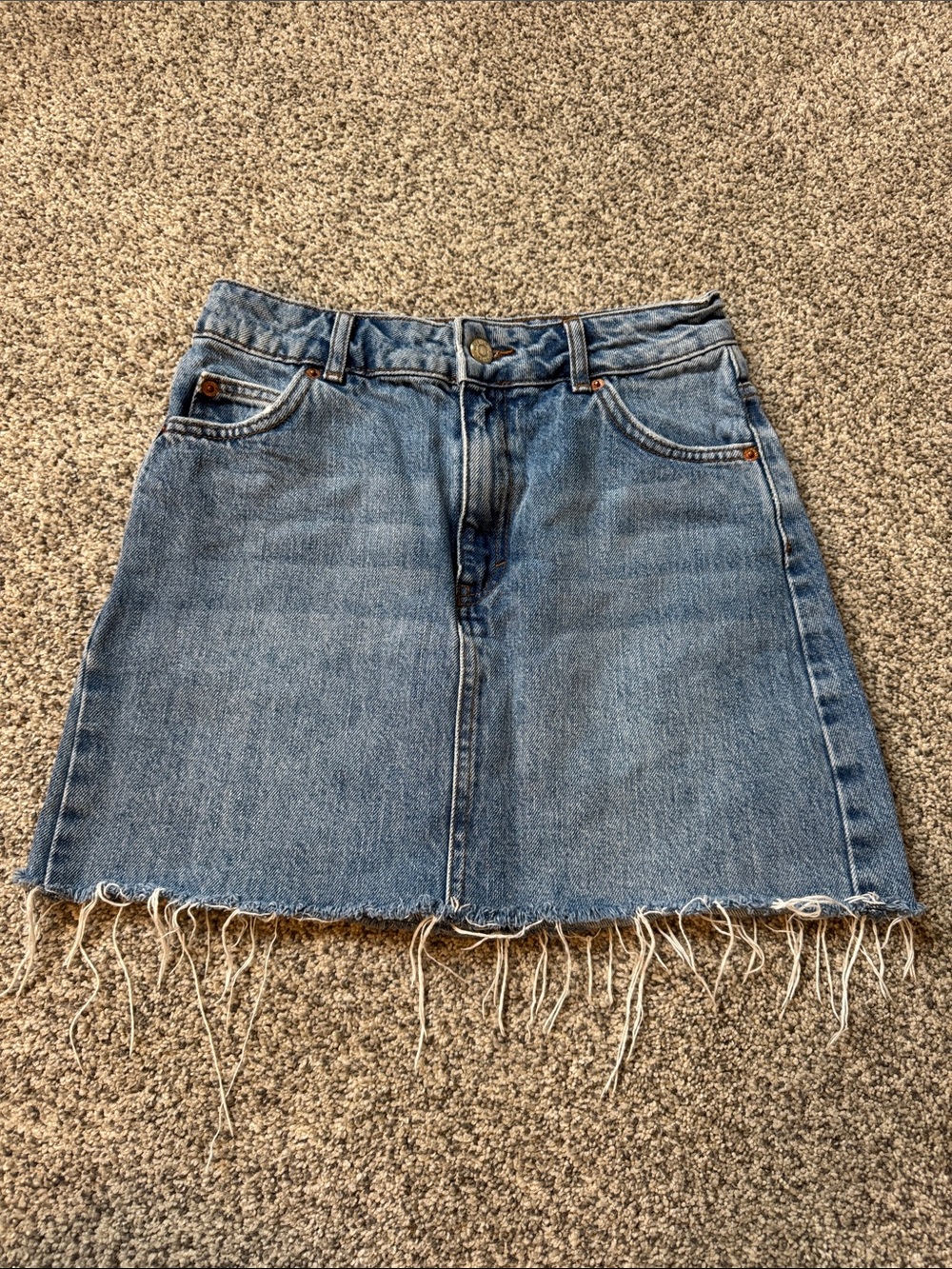 Topshop Light Blue Denim A-Line Mini Skirt with Raw Frayed Hem